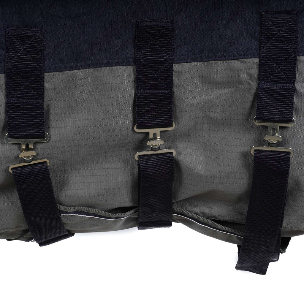 EQUITHÈME Turnout Rug Tyrex con faldón abdominal 600D 300g Marino/Gris Puntos