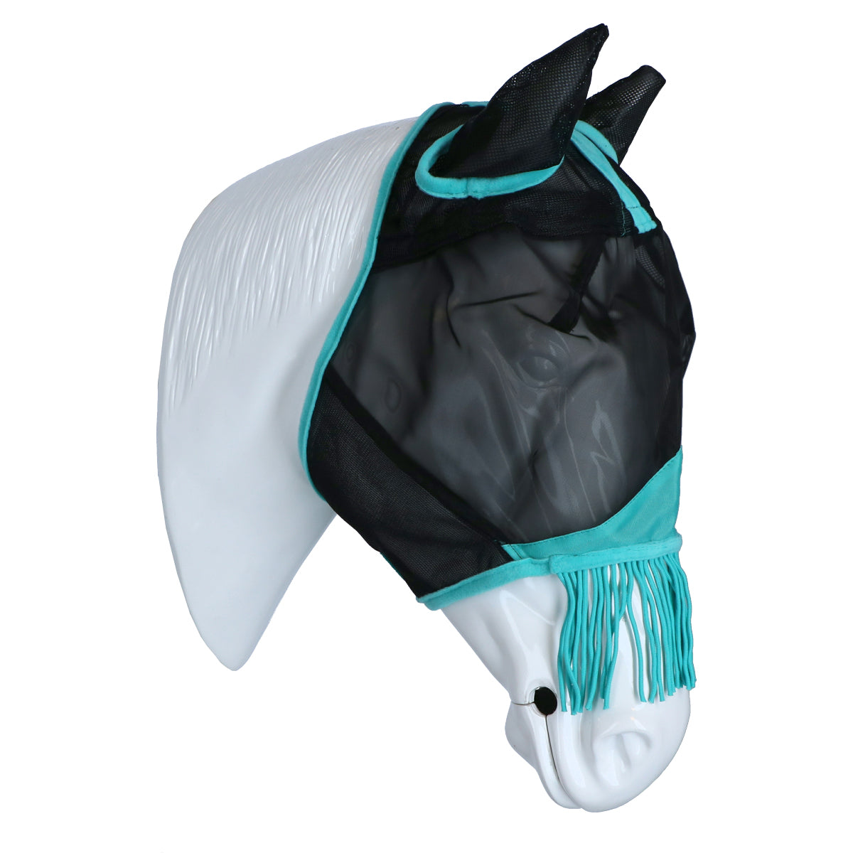 Weatherbeeta Máscara para Moscas Comfitec Deluxe Fine Mesh con Orejas y Flecos Negro/Turquesa