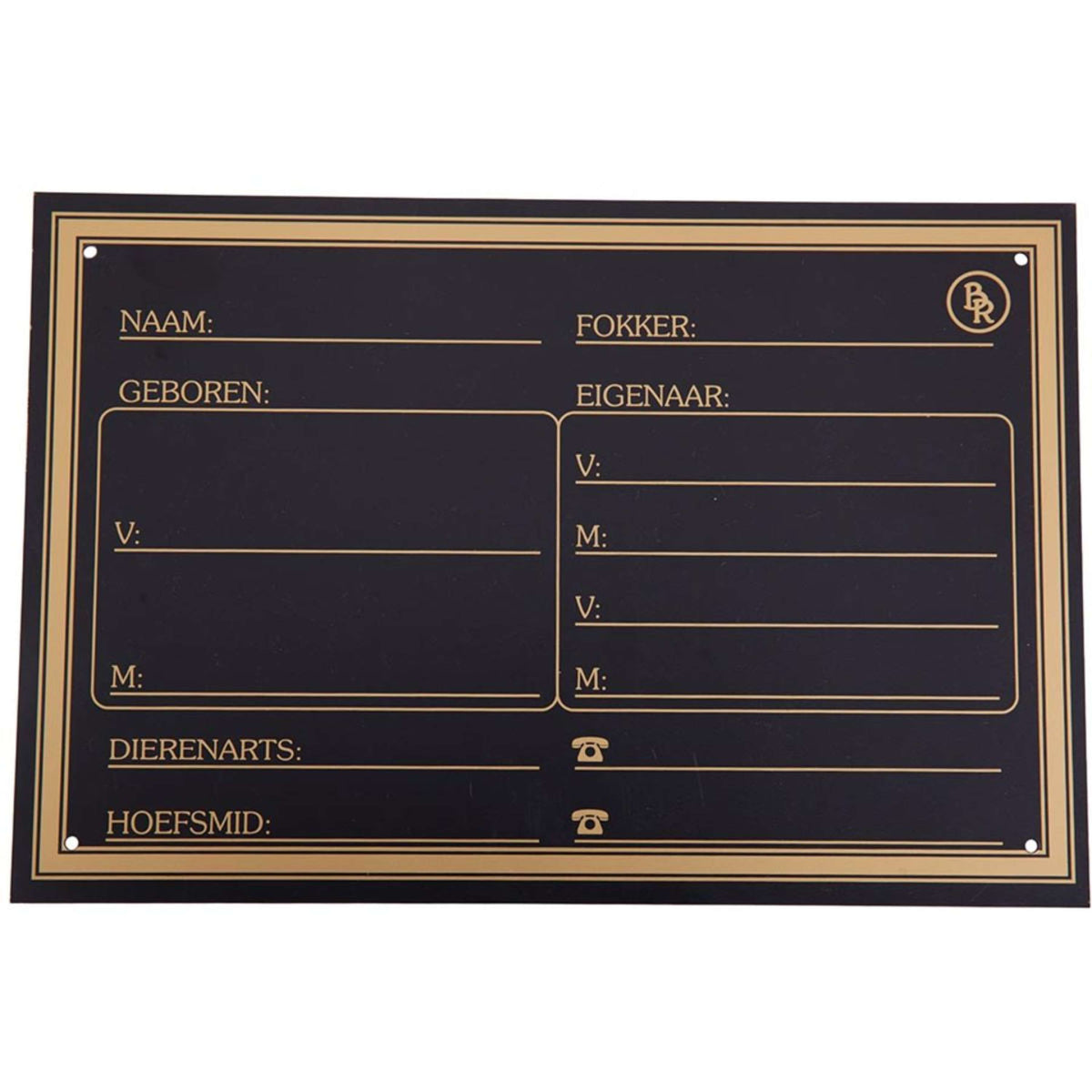 BR Placa de Establo Impresión de Oro Sintético Negro