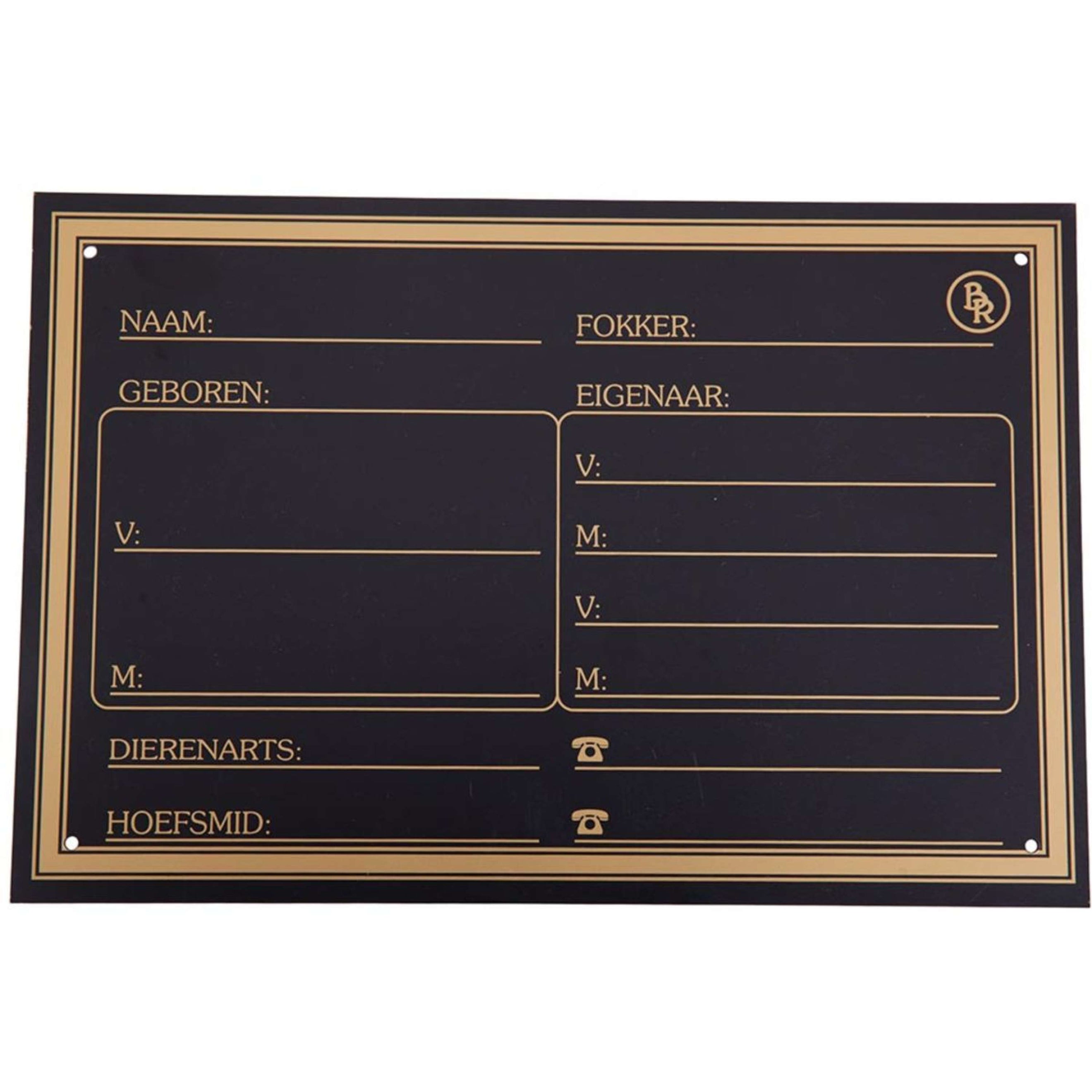 BR Placa de Establo Impresión de Oro Sintético Negro