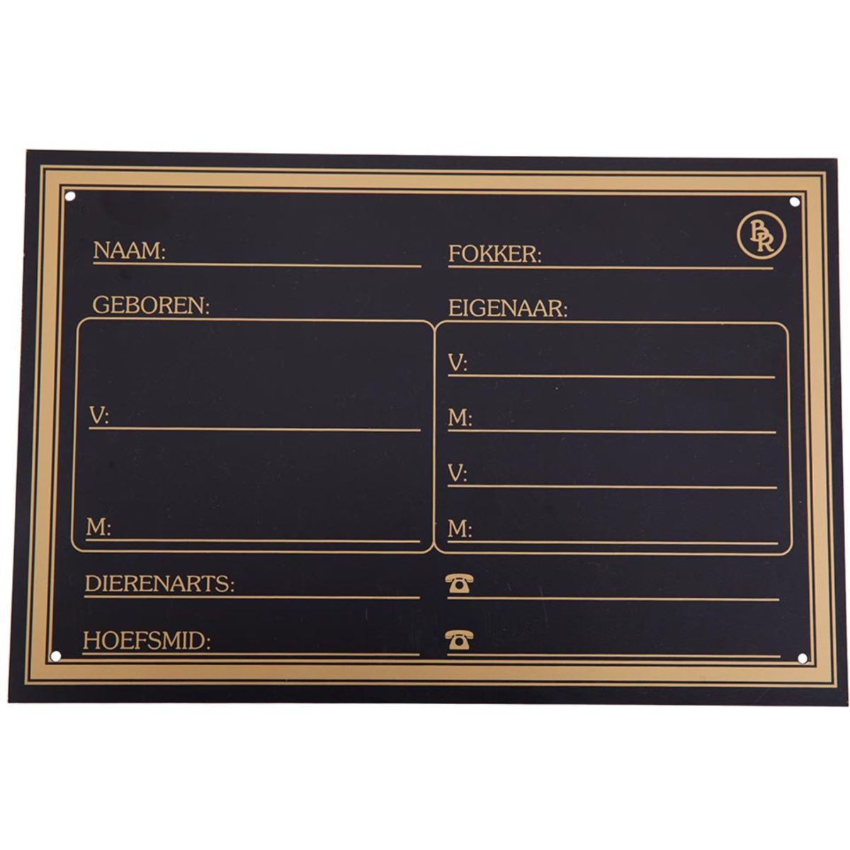 BR Placa de Establo Impresión de Oro Sintético Negro
