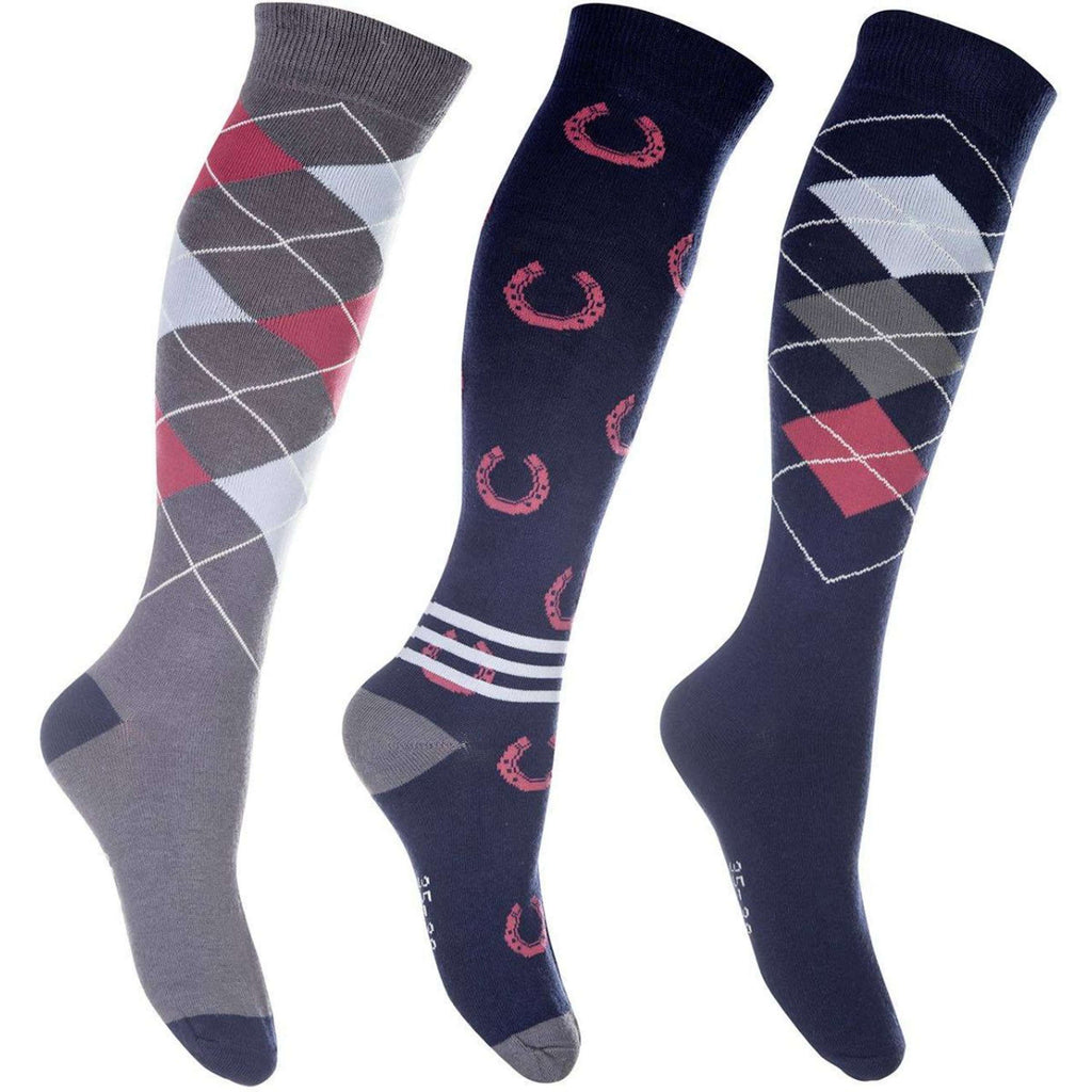 HKM Calcetines de Equitación Cardiff Set de 3 Azul Oscuro/Rojo