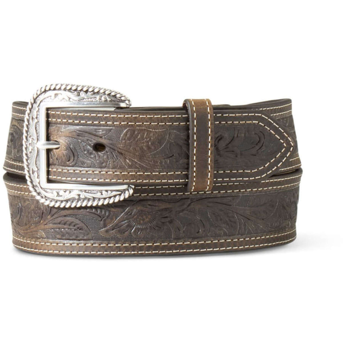 Ariat Cinturón Tooled Double Stitched Marron