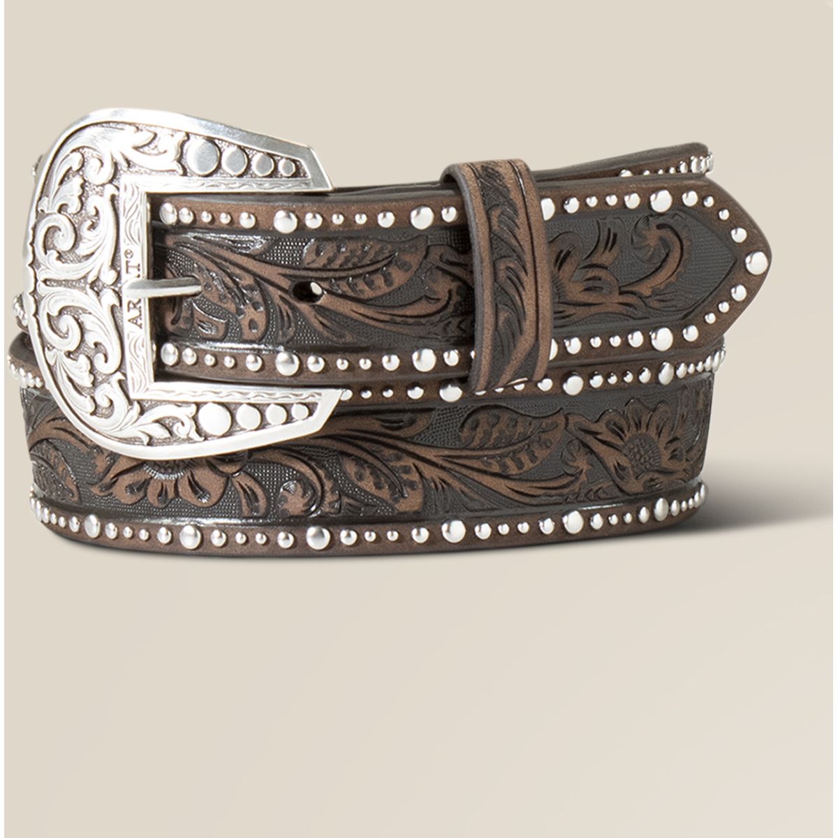 Ariat Cinturón Studded Tooled Embossed Marron