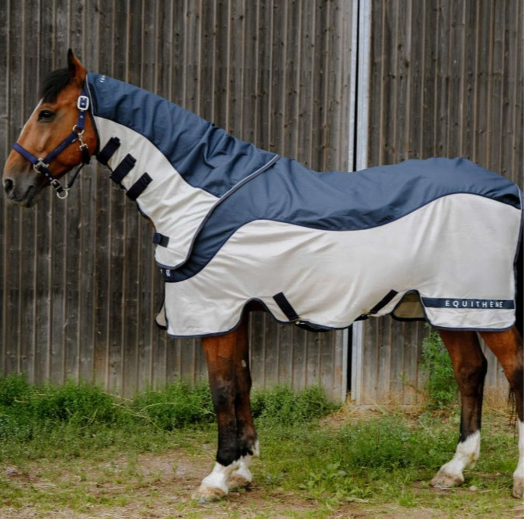 EQUITHÈME Manta Antimoscas TYREX Combofly 600D con cuello Navy Blue/Grey