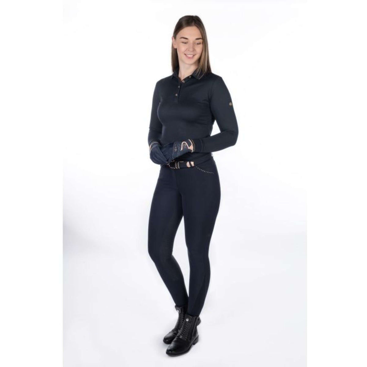 HKM Pantalón de Equitación Rosegold Glamour Full Grip Azul oscuro<>Oro rosa