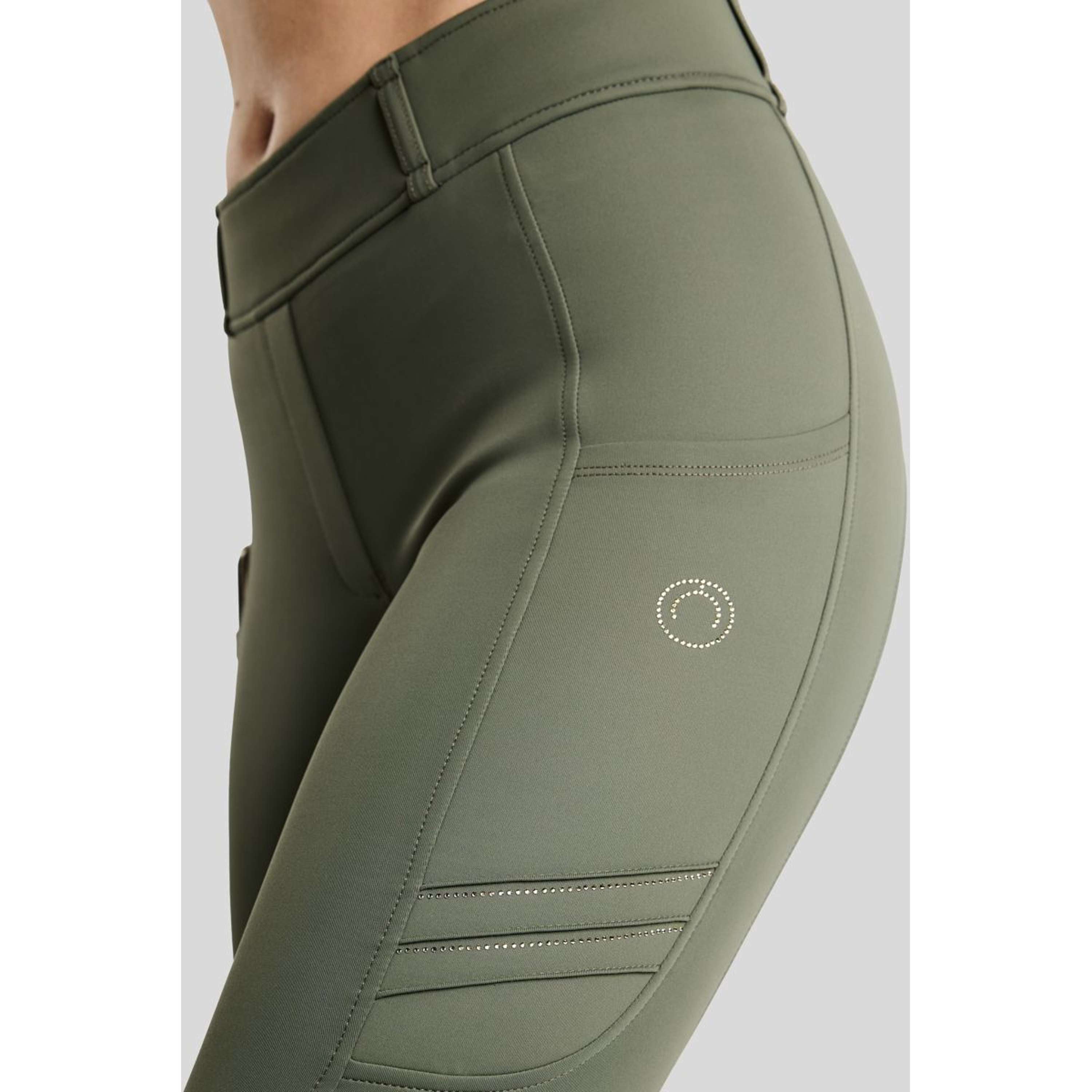 Montar Legging de Equitación MoWilma Hybrid Pintucks Golden Quartz Crystals Full Grip Forest Green