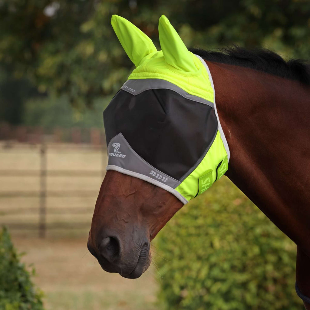 FlyGuard by Shires Máscara para Moscas Pro Hi-Viz Fine Mesh con Orejas Amarillo fluorescente