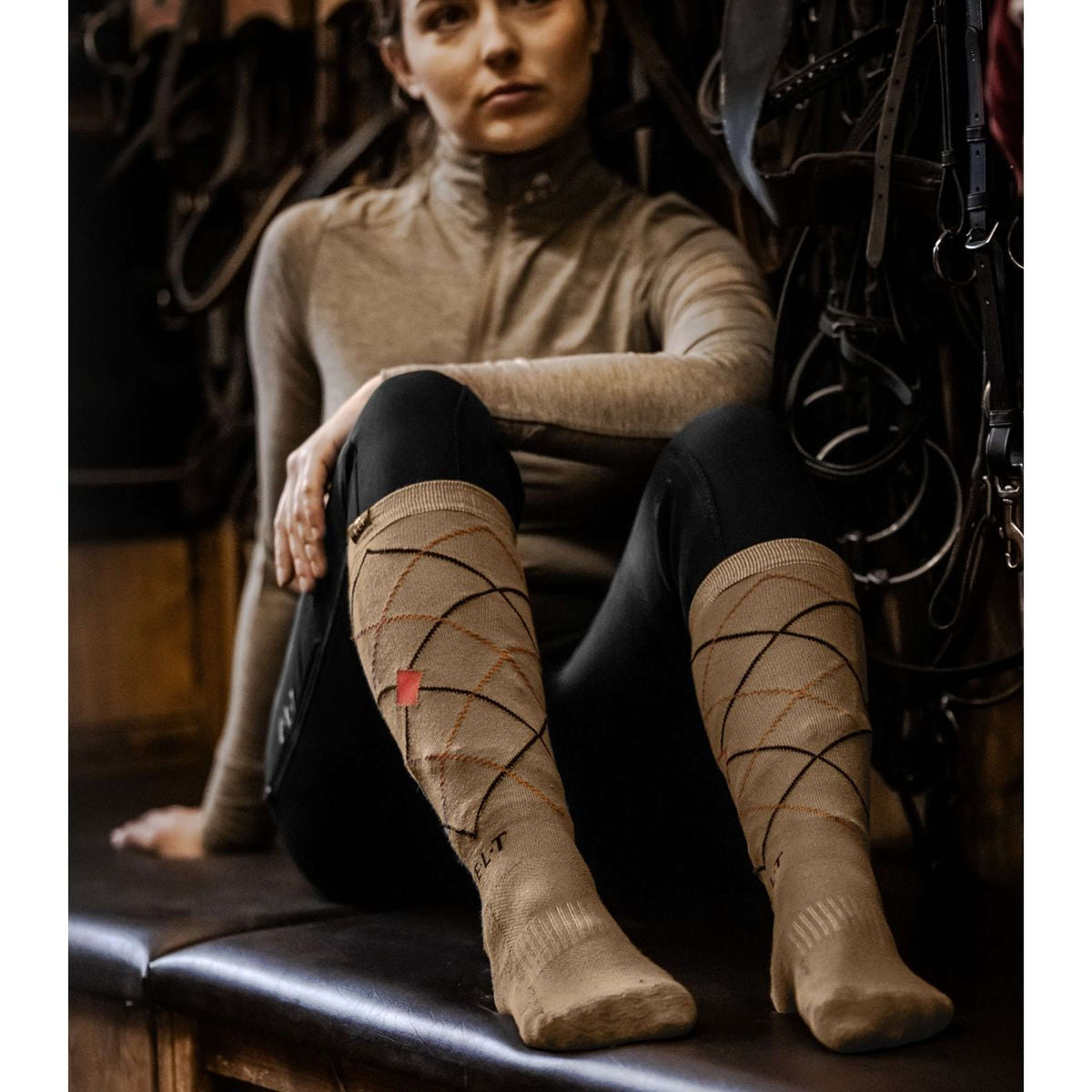 Calcetines de equitación ELT Argyle Cappuccino/Rojo